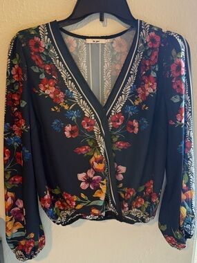 miami Black Floral V-Neck Blouse with Multicolor Flowers
